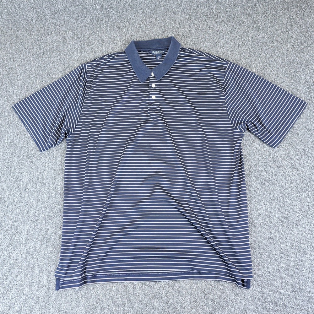 Brooks Brothers Mens Polo Shirt XXL Navy Blue Striped Short Sleeve Fit Golf